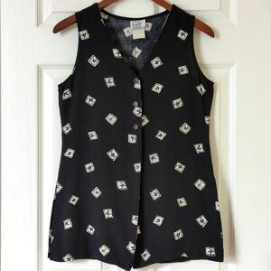 Via Max 90's Vintage Funky Lightweight Half Buttoned V-neck Tank Top Black M